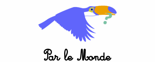 Logo Pélican bleu avec branche d'herbe dans le bec. En dessous il est écrit "Parle le Monde".